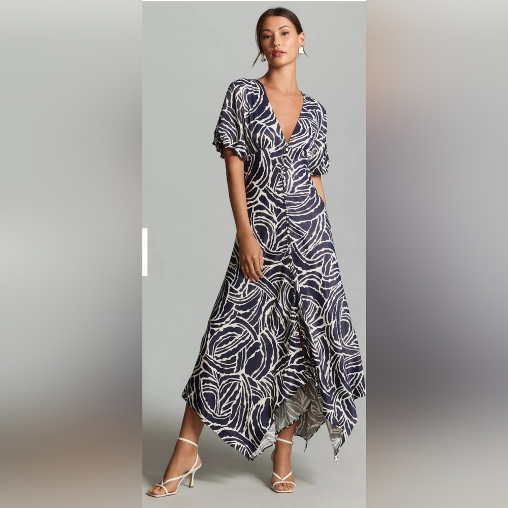By Anthropologie Navy and Cream Women's Dress, Size 24